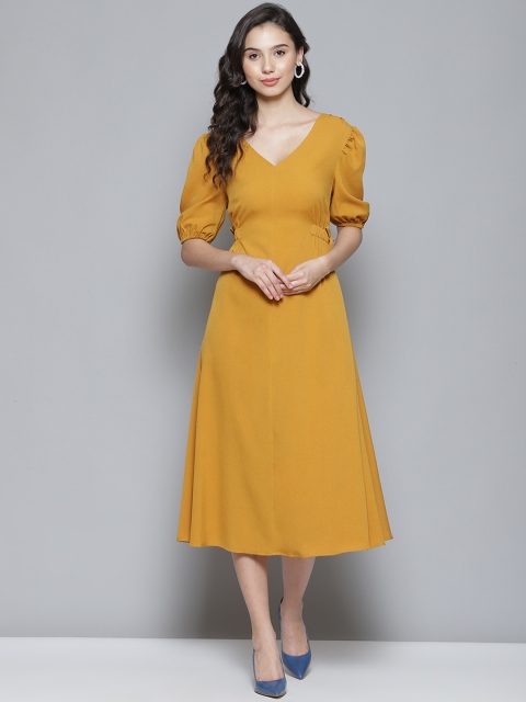 

Femella Mustard Yellow Solid Midi A-Line Dress