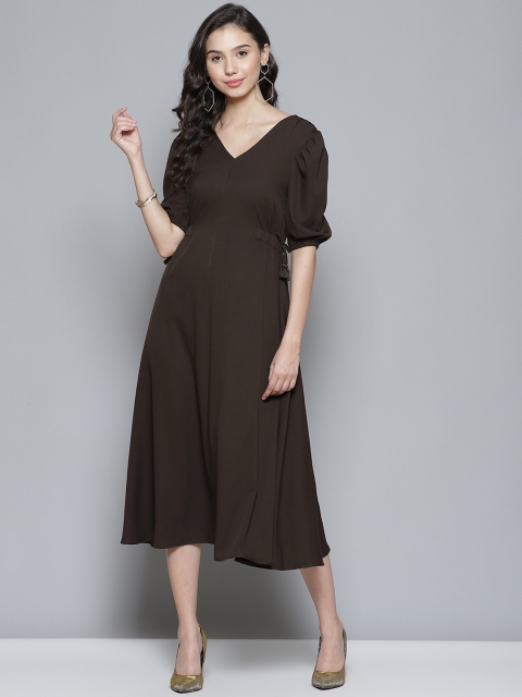 

Femella Coffee Brown Solid Midi A-Line Dress