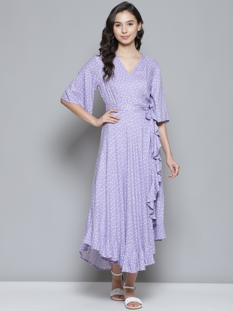 

Femella Lavender & White Polka Dots Print Ruffled Wrap Maxi Dress