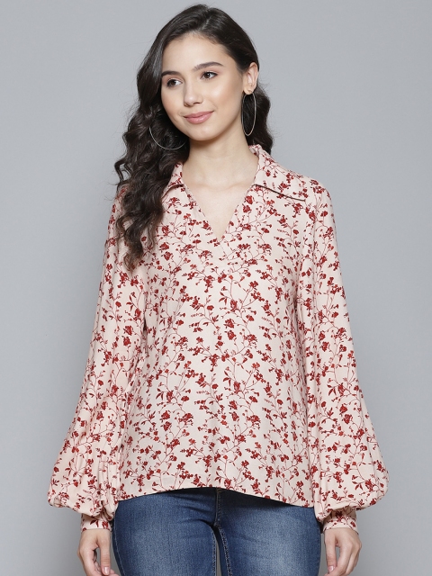 

Femella Beige & Red Floral Print Puff Sleeves Regular Top