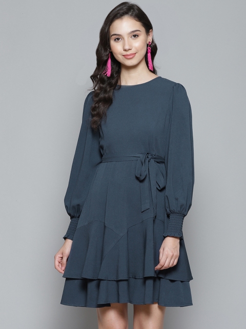 

Femella Navy Blue Solid Layered Mini Fit & Flare Dress with Belt