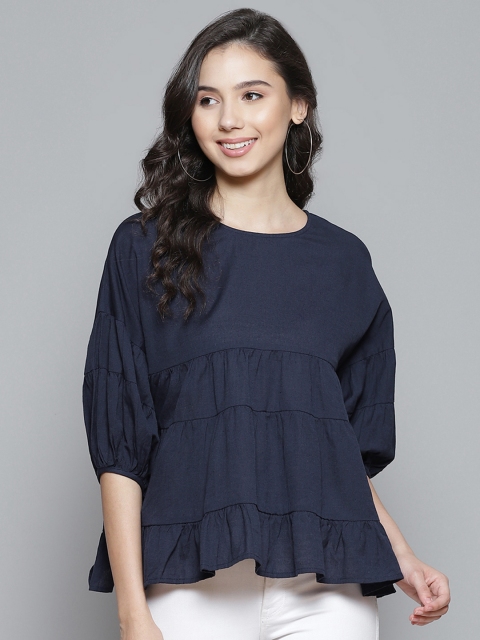 

Femella Navy Blue Solid Gathered Puff Sleeves Tiered Top