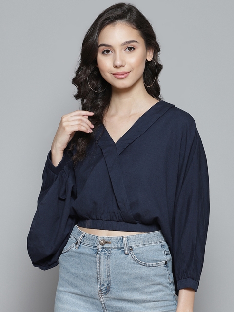 

Femella Navy Blue Solid Gathered Wrap Blouson Top