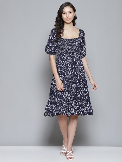 

Femella Women Navy Blue & White Printed Tiered A-Line Midi Dress
