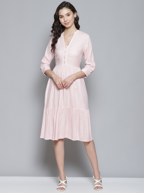 

Femella Women Pink & White Polka Dots Printed A-Line Tiered Midi Dress