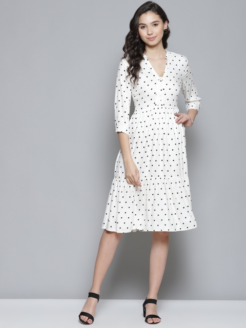

Femella Women White & Black Polka Dots Print A-Line Tiered Midi Dress