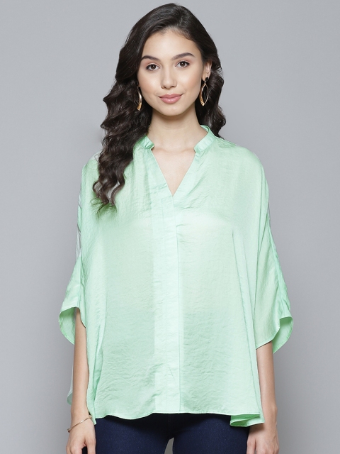 

Femella Green Solid Oversized Satin Finish A-Line Top