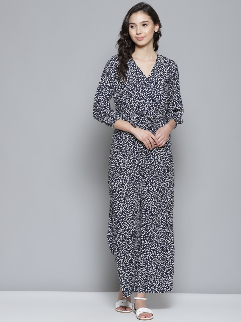 

Femella Navy Blue & White Floral Print Basic Jumpsuit with Belt