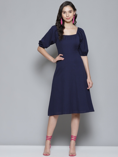 

Femella Women Navy Blue Solid Cotton Linen A-Line Midi Dress