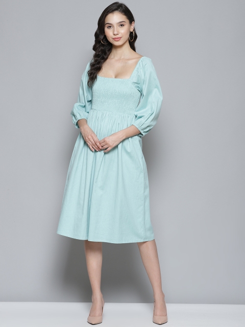 

Femella Women Blue Solid Cotton Linen A-Line Midi Dress