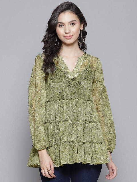 

Femella Green Semi-Sheer Paisley Print Tiered A-Line Top