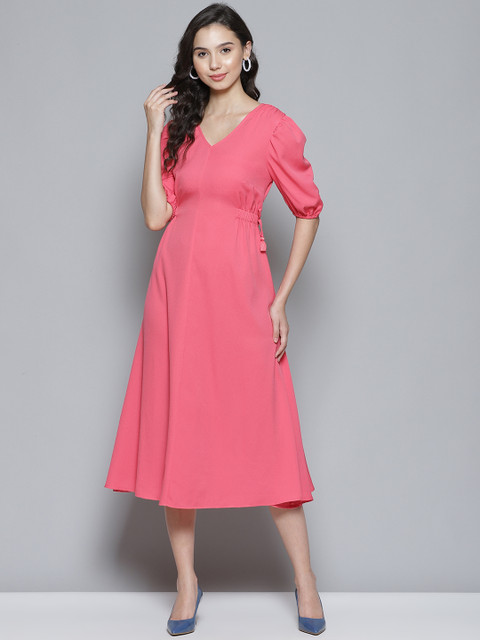 

Femella Pink Solid A-Line Midi Dress with Side Tie-up