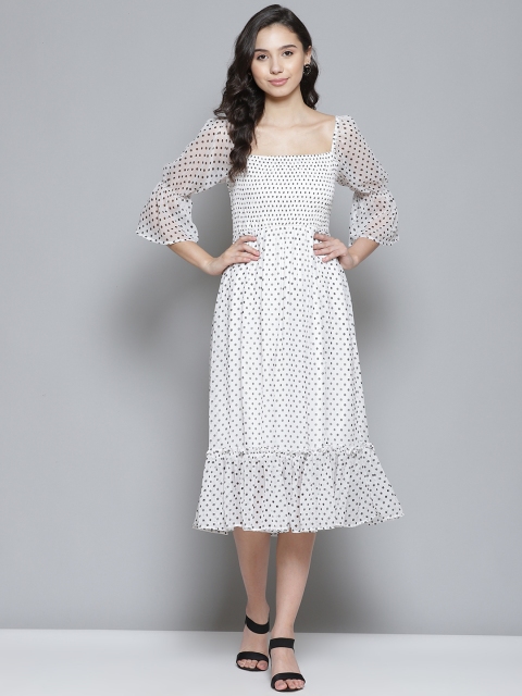 

Femella White & Black Polka Dots Print Smocked A-Line Dress