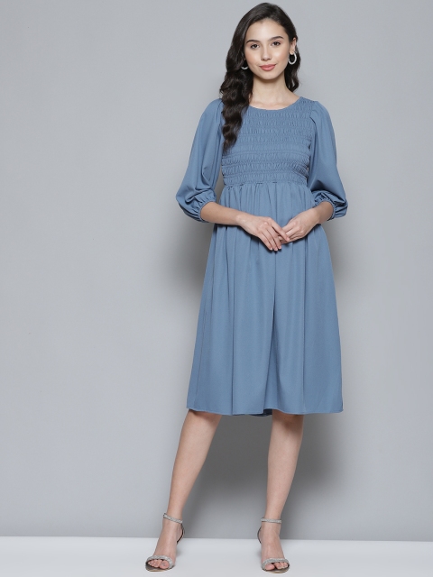 

Femella Blue Solid Smocked A-Line Dress