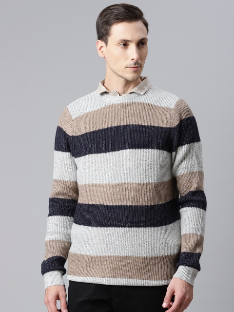 

Marks & Spencer Men Grey & Navy Blue Striped Pullover
