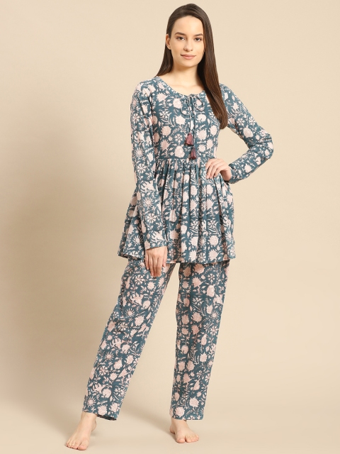

Prakrti Women Blue & White Handblock Floral Printed Pure Cotton Night suit