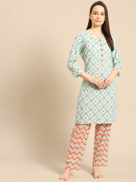 

Prakrti Women Blue & Orange Geometric Printed Pure Cotton Night suit