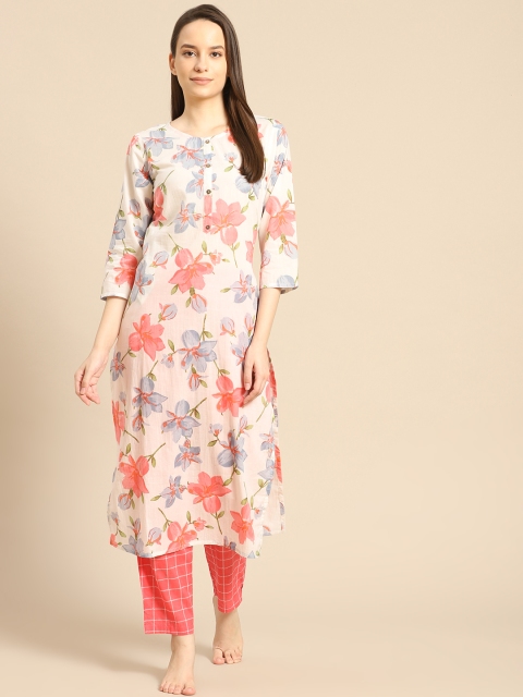 

Prakrti Women White & Pink Floral Printed Pure Cotton Night suit