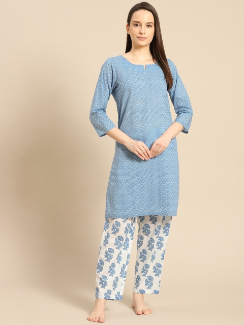 

Prakrti Women Blue & White Printed Pure Cotton Night suit