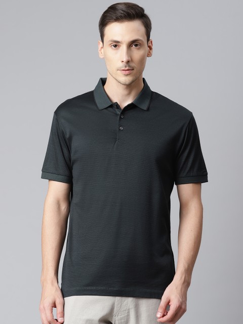 

Marks Spencer Men Green Striped Pure Cotton Polo Collar Pure Cotton T-shirt