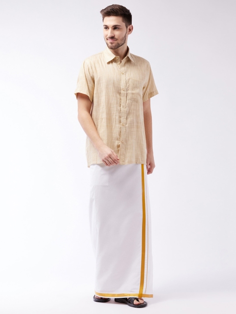 

VASTRAMAY Men Beige & White Striped Shirt with Mundu