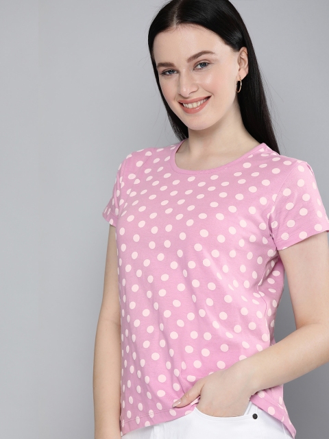 

HERENOW Women Pink White Printed Pure Cotton T-shirt