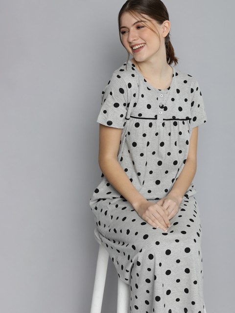 

HERE&NOW Women Grey Melange & Black Printed Nightdress