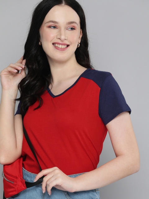 

HERENOW Women Red Solid Contrast Sleeves V-Neck Pure Cotton T-shirt