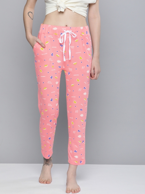 

HERE&NOW Women Peach & Blue Printed Straight Fit Pure Cotton Lounge pants