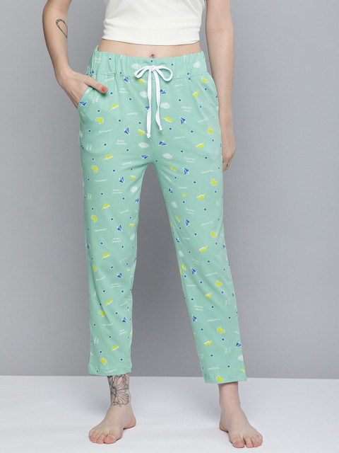 

HERE&NOW Women Green & Yellow Printed Straight Fit Pure Cotton Lounge Pants