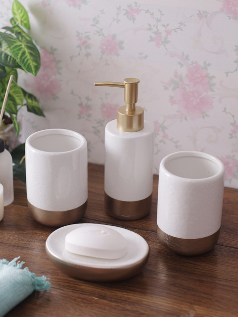 

House Of Accessories White & Gold-Toned Colourblocked Ceramic Bathroom Accessories Set