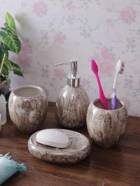 

House Of Accessories Grey & Brown Printed Ceramic Bathroom Accessories Set