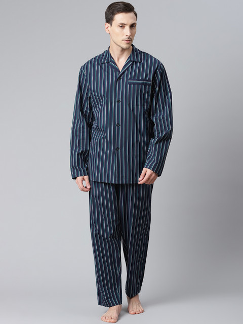 

Marks & Spencer Men Navy Blue & White Pure Cotton Striped Night suit