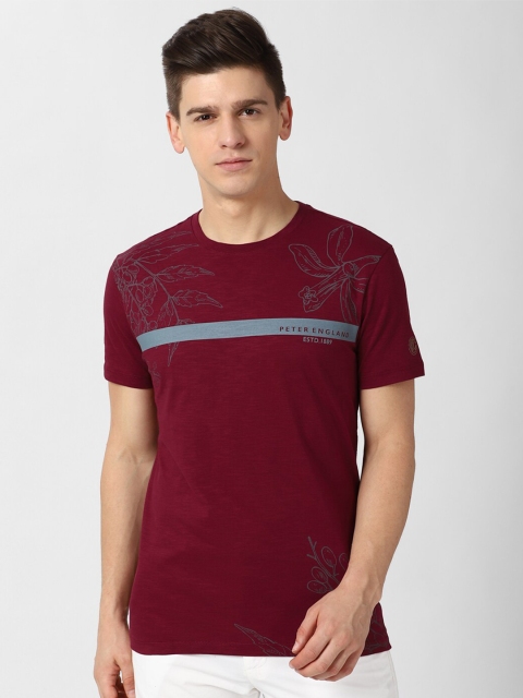 

Peter England Casuals Men Maroon Grey Floral Printed Cotton Pure Cotton T-shirt