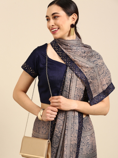 

all about you Beige & Navy Blue Ethnic Motifs Saree