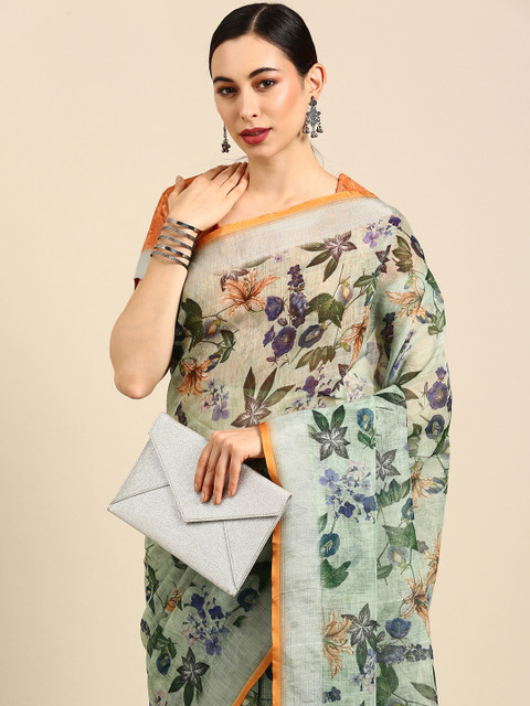 

all about you Green Floral Pure Cotton Saree