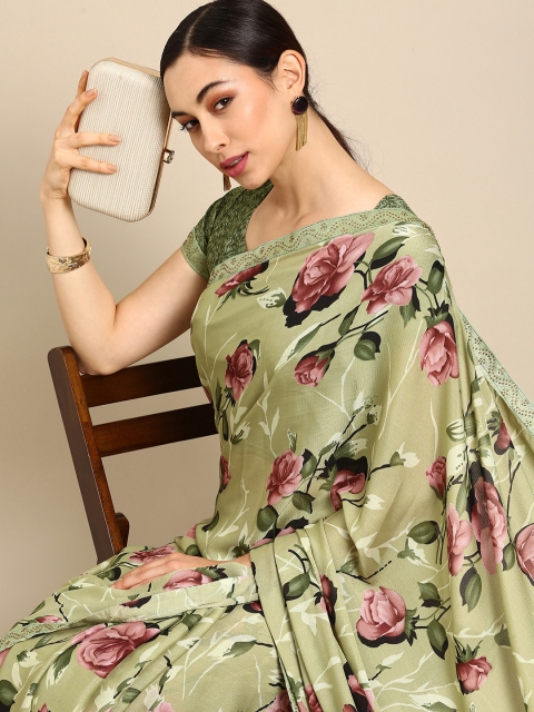 

all about you Green Floral Sequinned Saree