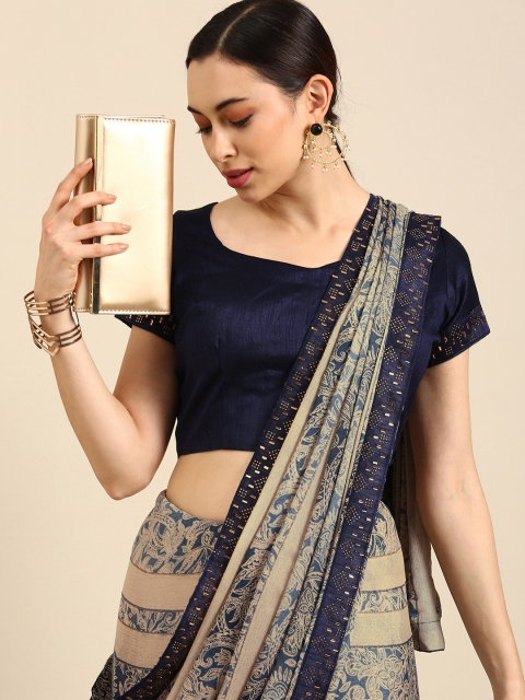 

all about you Beige & Blue Floral Sequinned Saree