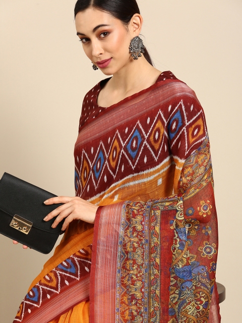 

all about you Orange Kalamkari Pure Cotton Saree