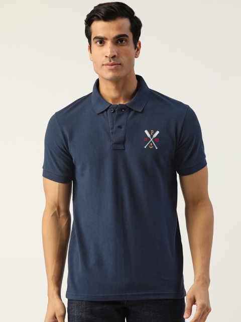 

PRINTOCTOPUS Men Navy Blue Solid Pure Cotton Polo Collar Pure Cotton T-shirt
