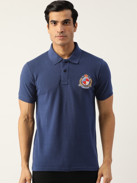 

PRINTOCTOPUS Men Navy Blue Polo Collar Cotton Applique T-shirt