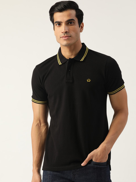 

PRINTOCTOPUS Men Black Solid Cotton Polo Collar T-shirt