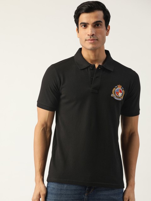 

PRINTOCTOPUS Men Black Solid Pure Cotton Polo Collar Applique Pure Cotton T-shirt