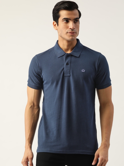 

PRINTOCTOPUS Men Navy Blue Solid Pure Cotton Polo Collar Pure Cotton T-shirt