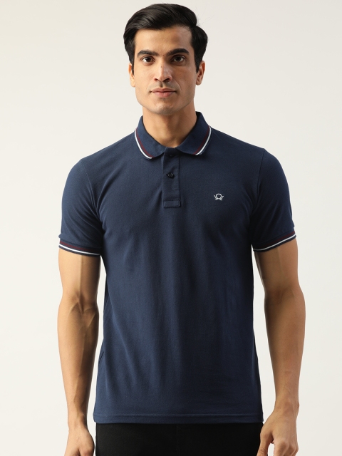 

PRINTOCTOPUS Men Navy Blue Solid Pure Cotton Polo Collar Pure Cotton T-shirt