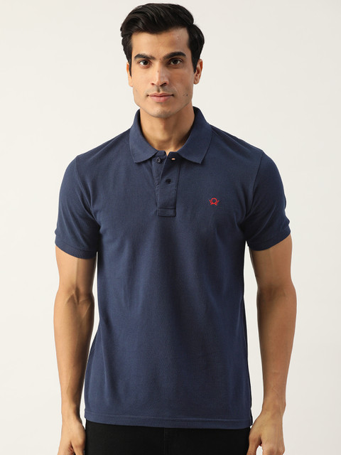 

PRINTOCTOPUS Men Navy Blue Solid Pure Cotton Polo Collar Pure Cotton T-shirt