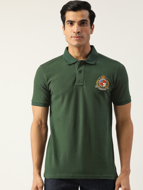 

PRINTOCTOPUS Men Green Polo Collar Solid Cotton Applique T-shirt