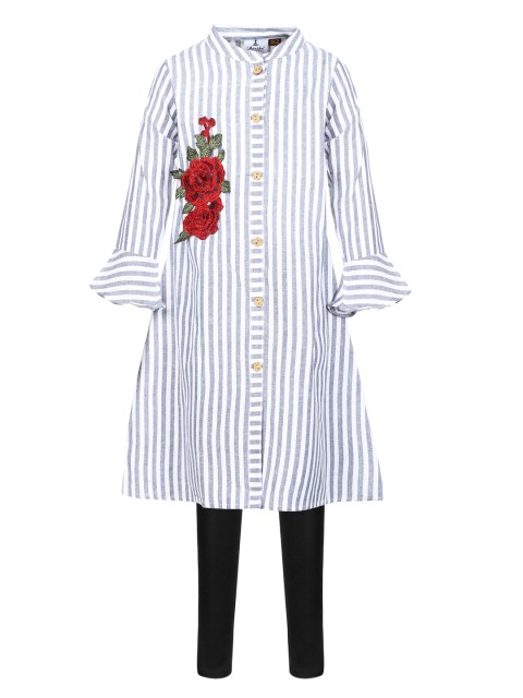 

Aarika Girls Blue & White Striped Pure Cotton Kurta with Leggings
