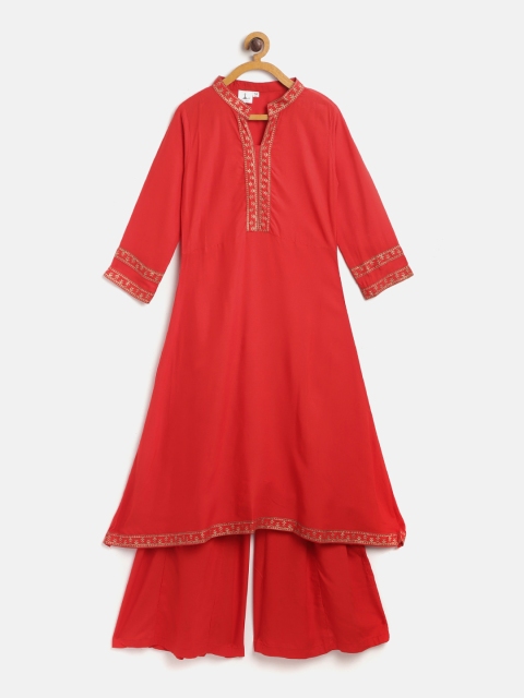 

Aarika Girls Red Yoke Design Pure Cotton A-Line Kurta with Solid Palazzos
