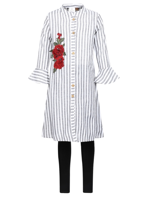 

Aarika Girls Grey & Black Striped Pure Cotton Kurta with Leggings